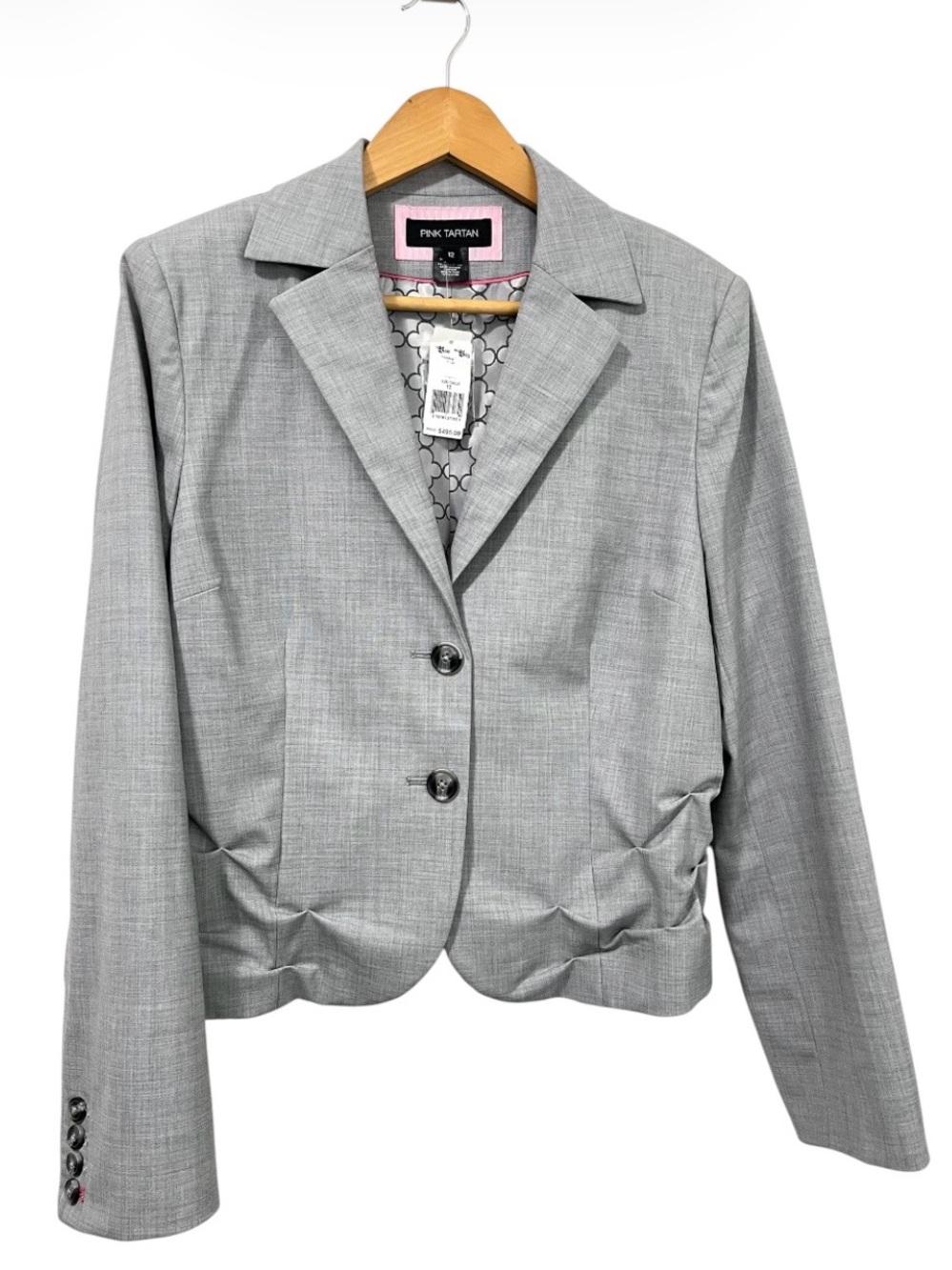 NWT Pink Tartan Grey Wool Ruched Back  Tailored Blazer